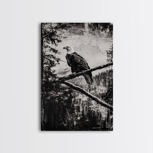 Bald Eagle, majestic bird, black and white, rustic decor, wildlife painting, nature art, framed canvas print, farmhouse wall art