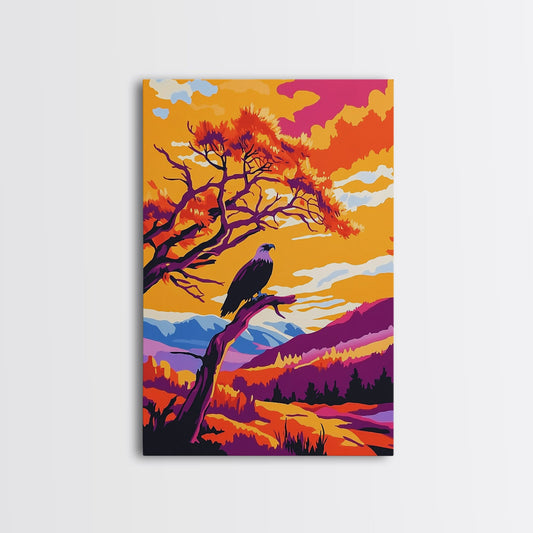 Vibrant Eagle, autumn colors, orange sunset, bold wall art, wildlife art, rustic decor, framed canvas print, mountain painting
