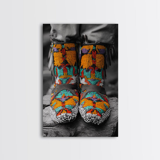 Native American boots, beaded moccasins, western art, framed canvas print, cultural heritage, cowboy style, rustic wall art, boho decor