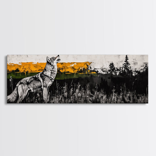 Howling Wolf Art, coyote painting, southwest wall art, rustic decor, black and white art, extra wide art, framed canvas print, panoramic painting