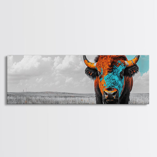 Bison Portrait, Southwest Wall Art, Buffalo Art, Native American Art, Moody Art, Panoramic Art, Rustic Decor, Framed Canvas Print