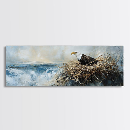 Eagle Nest, bird art, wildlife painting, coastal wall art, seascape painting, moody art, extra wide art, framed canvas print, above sofa art