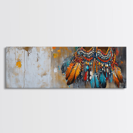 Vibrant Feathers, western wall art, native american painting, rustic decor, bold colors, extra wide art, panoramic art, framed canvas print