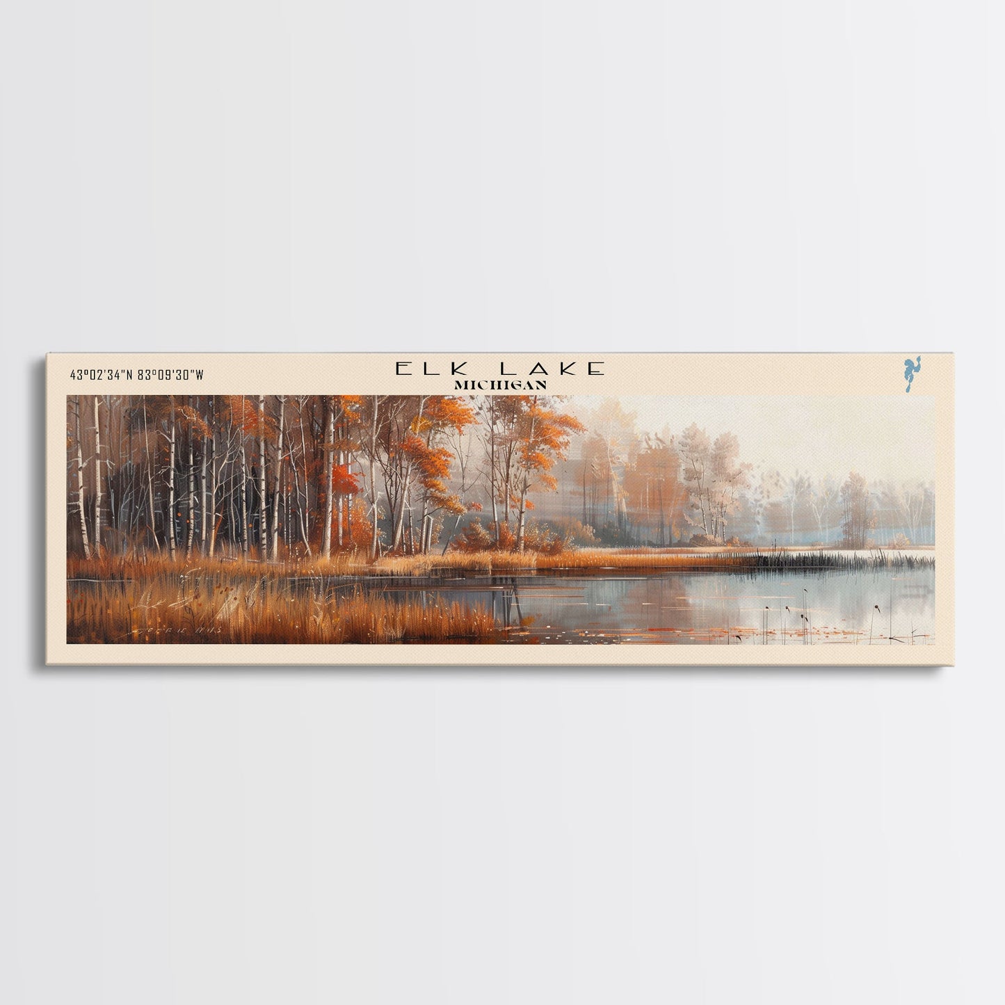Elk Lake Michigan Framed Canvas Print, Lake House Art, Panoramic Wall Art, Travel Poster, Minimalist Lake Painting, Home Decor