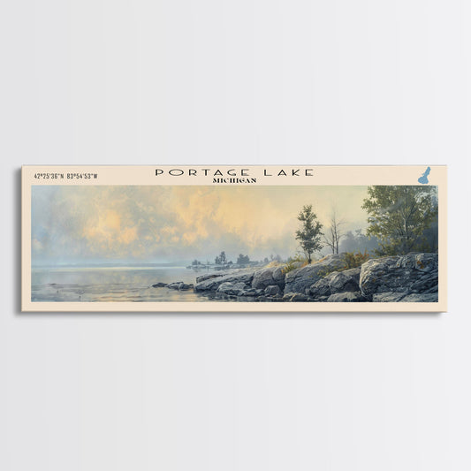 Portage Lake Michigan Framed Canvas Print, Lake House Decor, Panoramic Travel Poster, Scenic Wall Art, Bedroom Decor