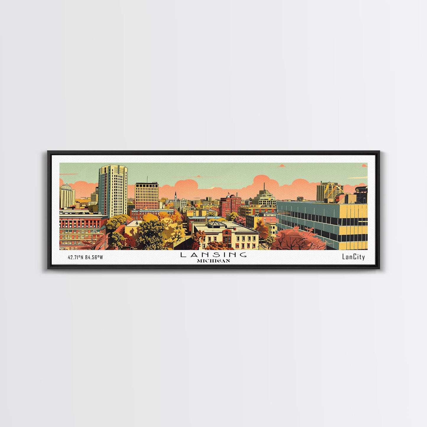 Lansing Michigan Panoramic Wall Art, Mid Century Modern Framed Canvas Print, Retro Pop Art Travel Poster, Living Room Decor