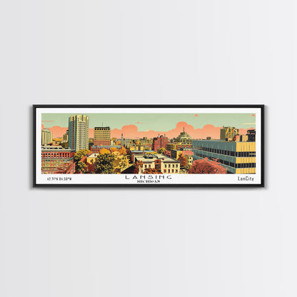 Lansing Michigan Panoramic Wall Art, Mid Century Modern Framed Canvas Print, Retro Pop Art Travel Poster, Living Room Decor