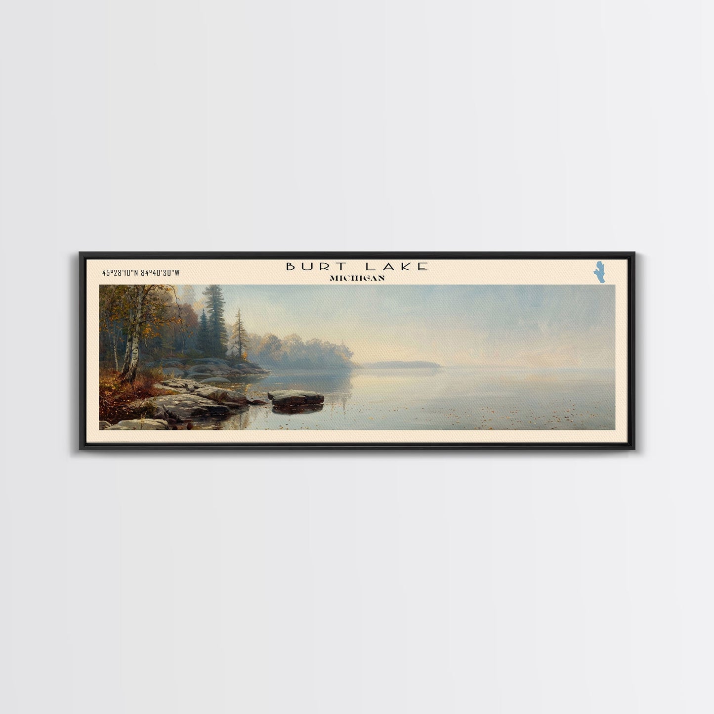 Burt Lake Michigan Framed Canvas Print, Panoramic Lake House Decor, Wall Art, Travel Poster, Rustic Lake Painting, Nature Art