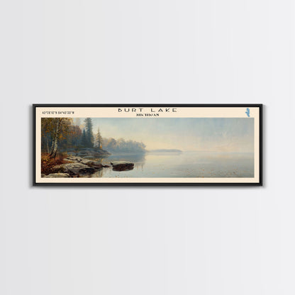 Burt Lake Michigan Framed Canvas Print, Panoramic Lake House Decor, Wall Art, Travel Poster, Rustic Lake Painting, Nature Art