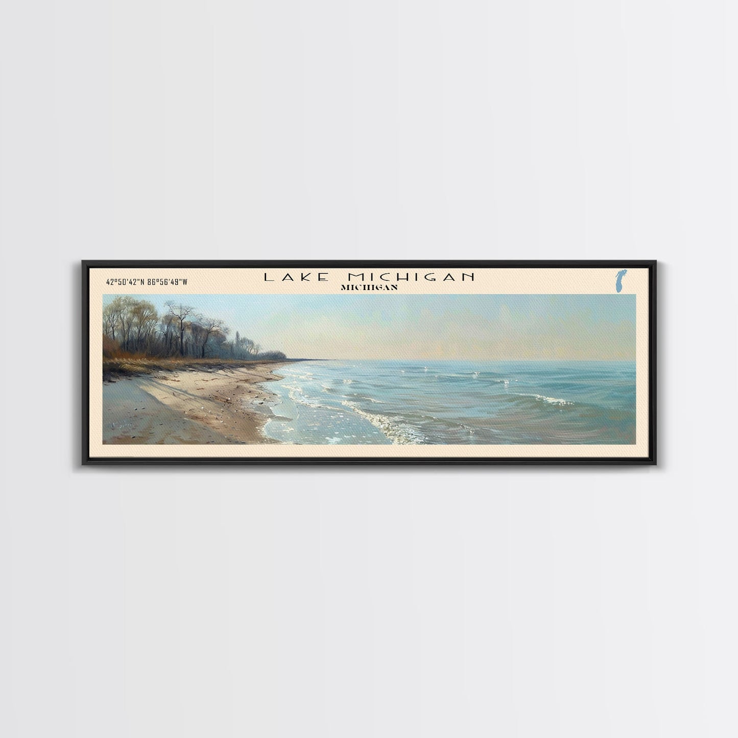 Lake Michigan Framed Canvas Print, Lake House Decor, Panoramic Wall Art, Travel Poster, Beautiful Landscape Painting, Bedroom Decor