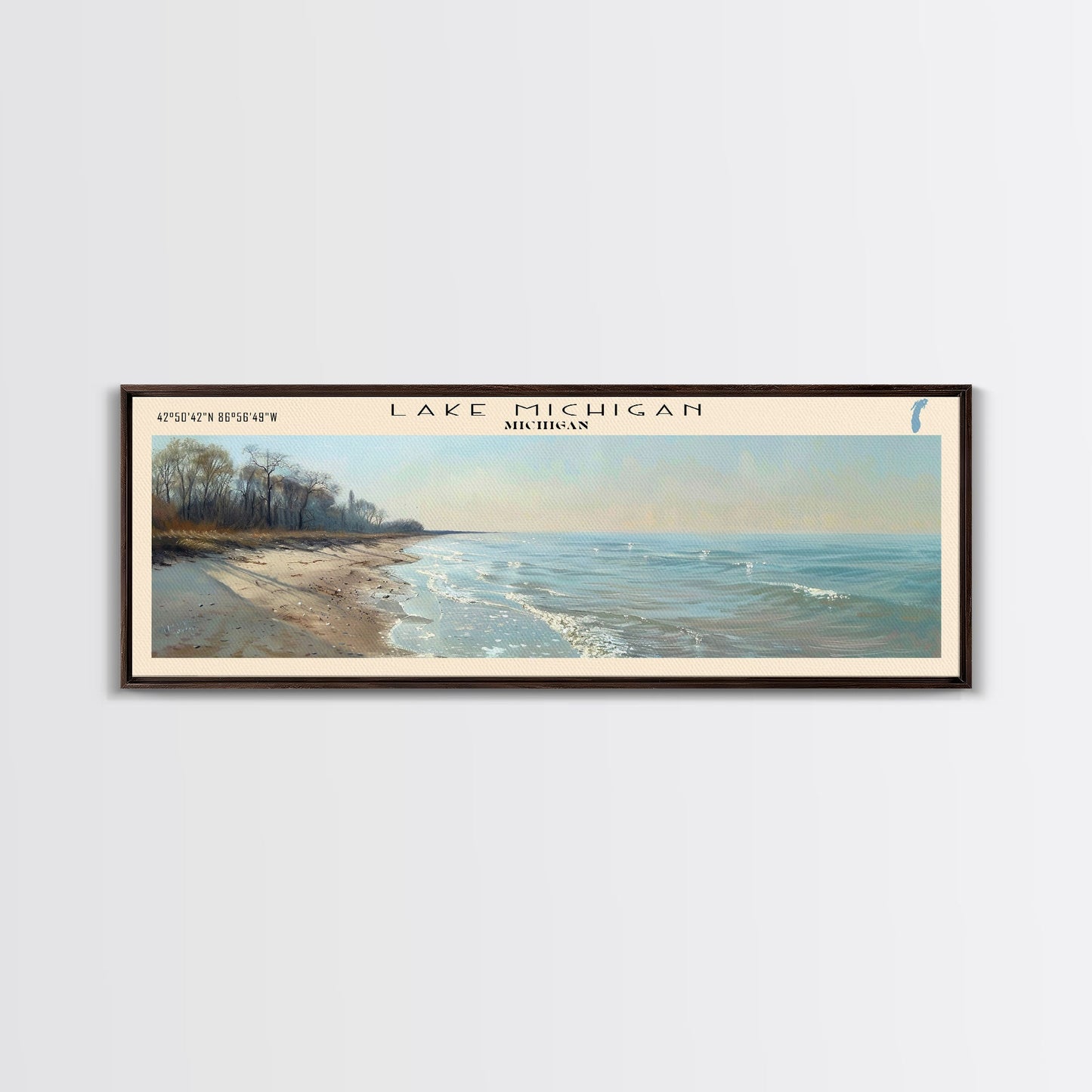Lake Michigan Framed Canvas Print, Lake House Decor, Panoramic Wall Art, Travel Poster, Beautiful Landscape Painting, Bedroom Decor