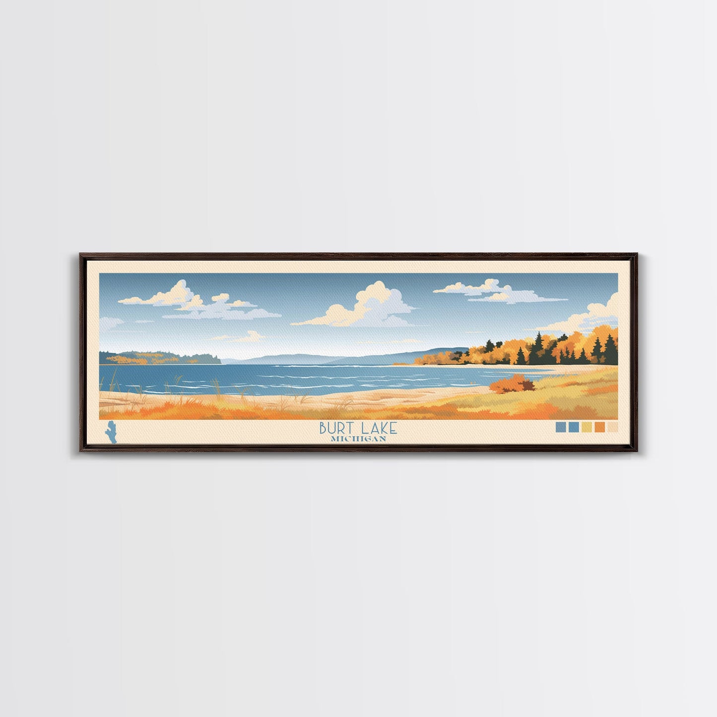 Burt Lake Michigan Framed Canvas Print, Pop Art Panoramic Travel Poster, Midcentury Modern, Wall Art, Scenic Nature Painting, Bedroom Decor