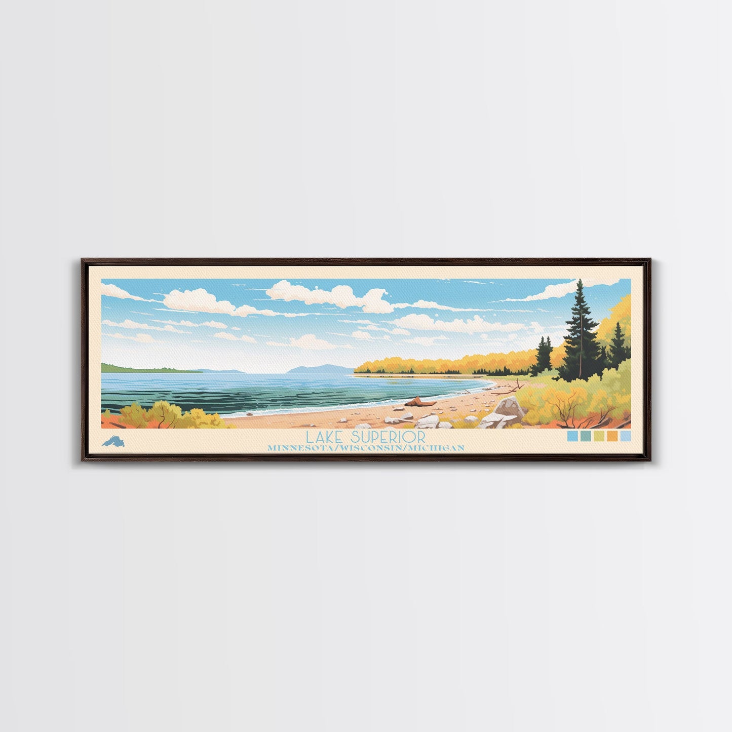 Lake Superior MinnesotaWisconsinMichigan Framed Canvas Print, Panoramic Wall Art, Midcentury Modern, Pop Art, Living Room Decor, Travel Poster, Lake House Art