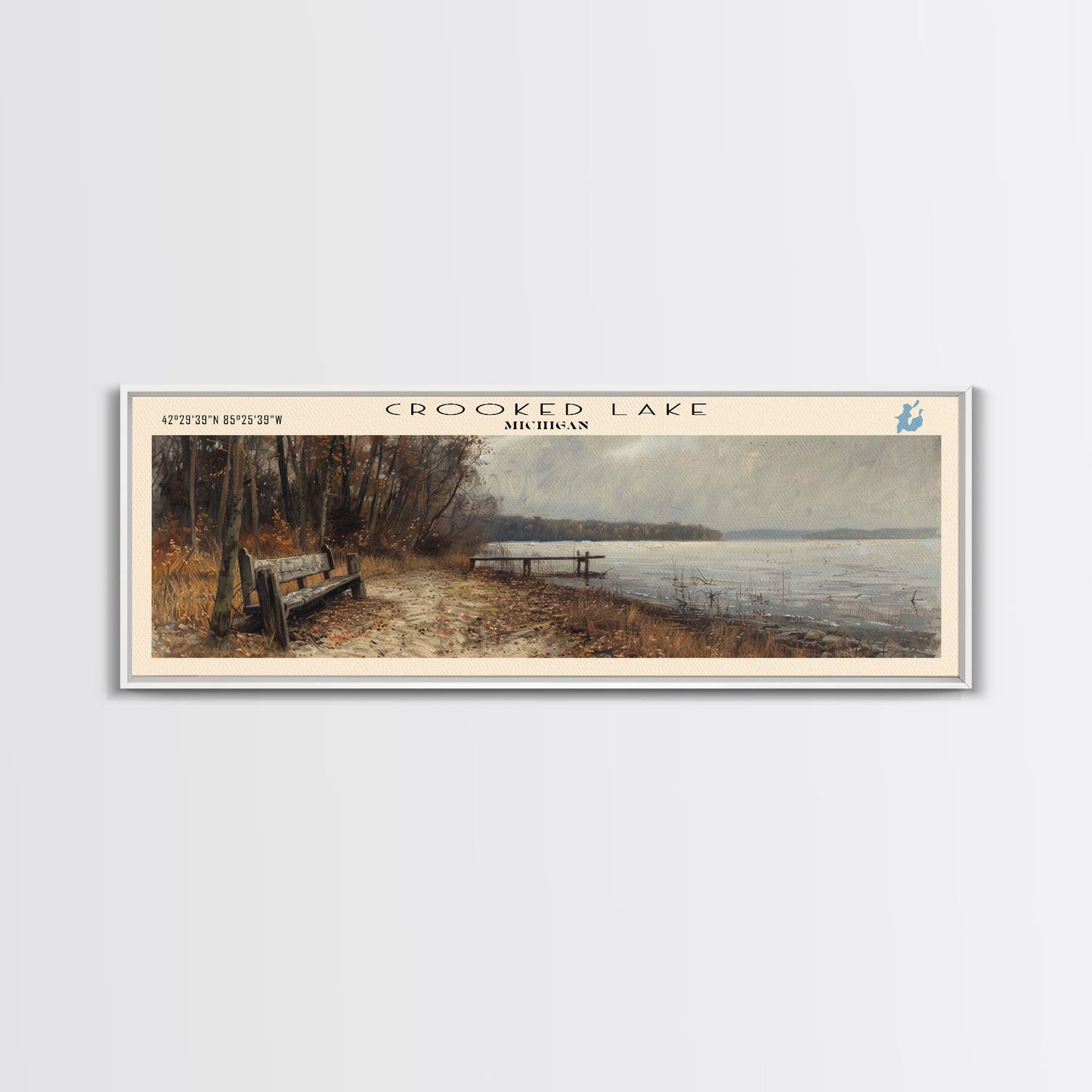 Crooked Lake Michigan Framed Canvas Print, Lake House Art, Panoramic Wall Art, Travel Poster, Minimalist Lake Painting, Home Decor