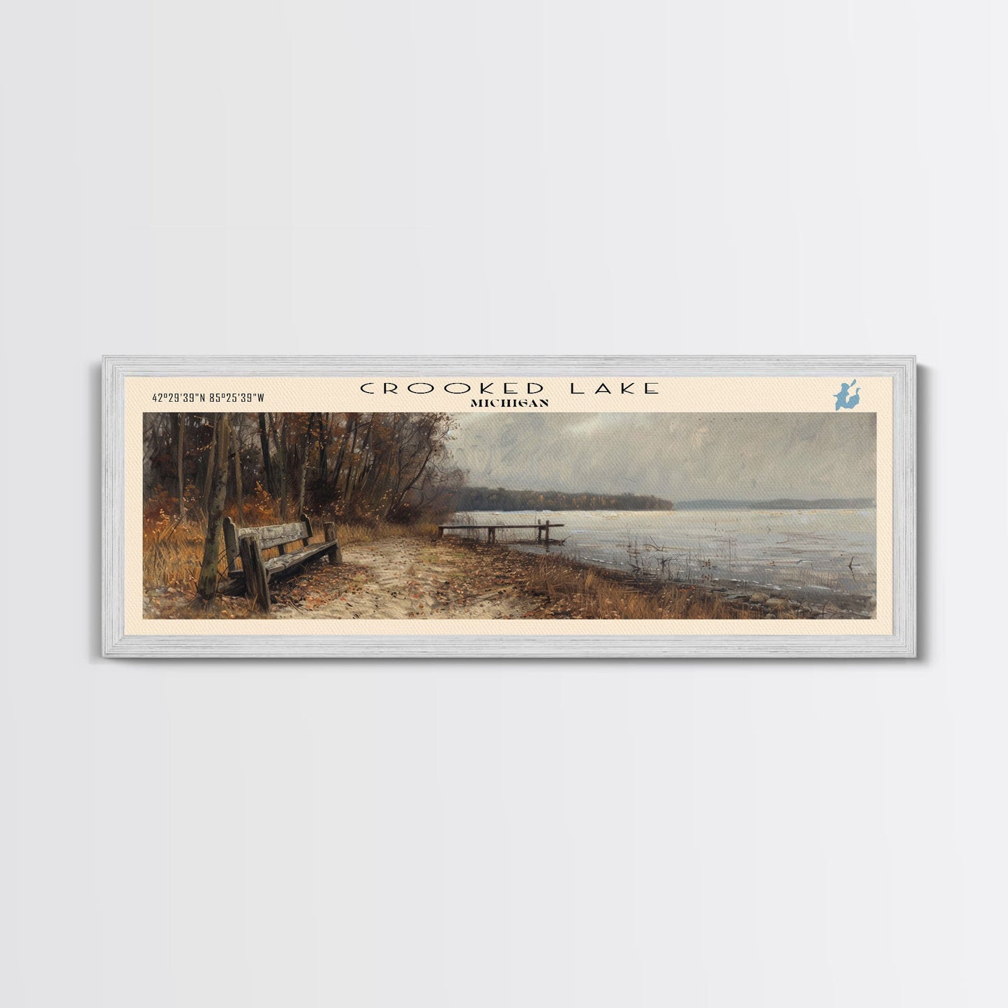 Crooked Lake Michigan Framed Canvas Print, Lake House Art, Panoramic Wall Art, Travel Poster, Minimalist Lake Painting, Home Decor