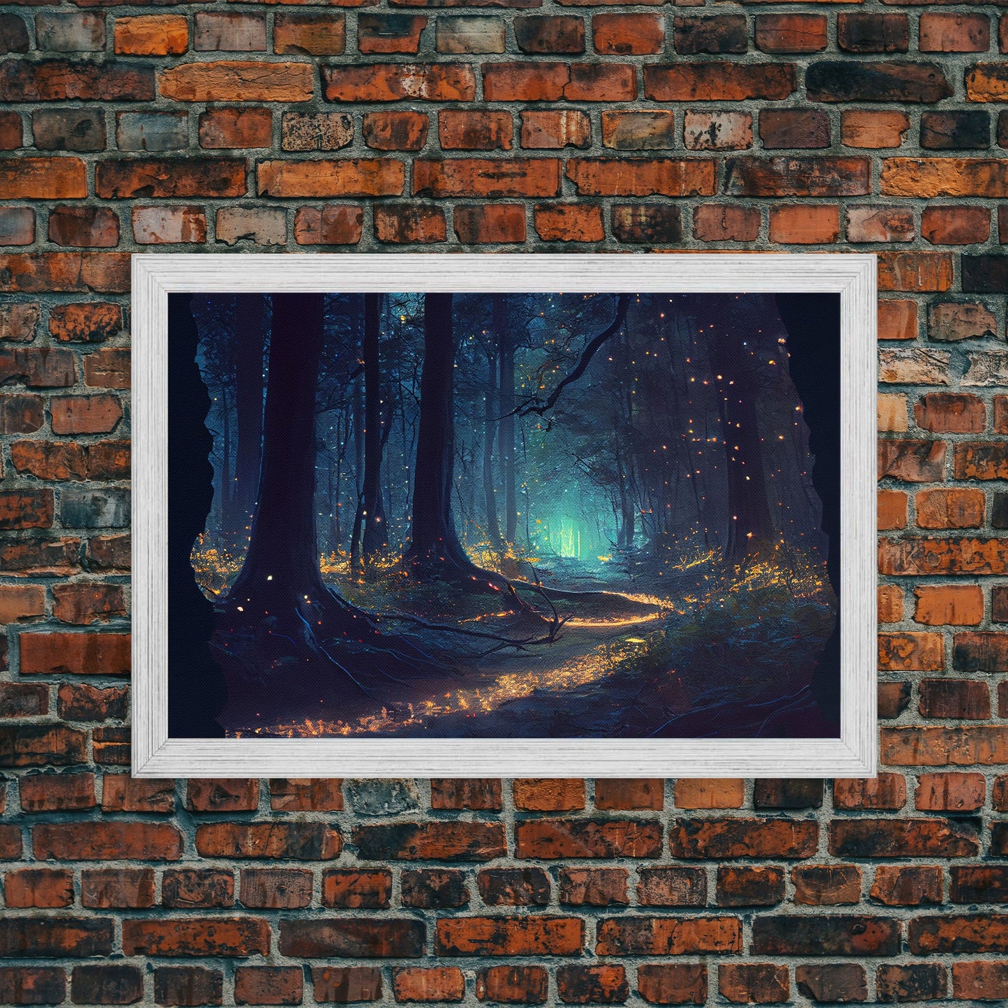 The magical enchanted forest is lit brightly with fireflies at night, framed canvas print, fantasy art