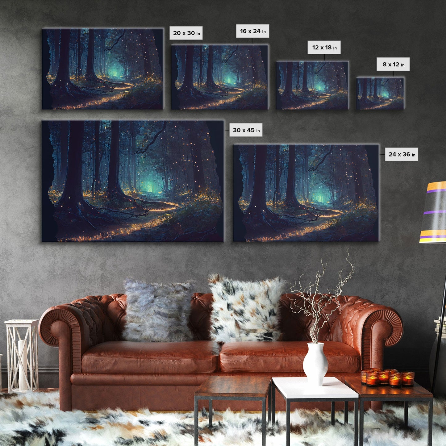 The magical enchanted forest is lit brightly with fireflies at night, framed canvas print, fantasy art