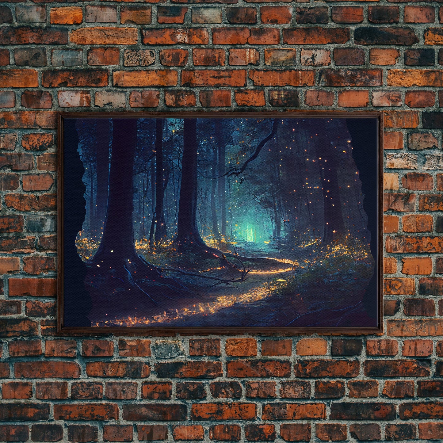 The magical enchanted forest is lit brightly with fireflies at night, framed canvas print, fantasy art