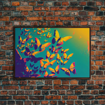 Synthwave Tangerine butterflies, beautiful butterfly art, framed canvas print, framed wall art