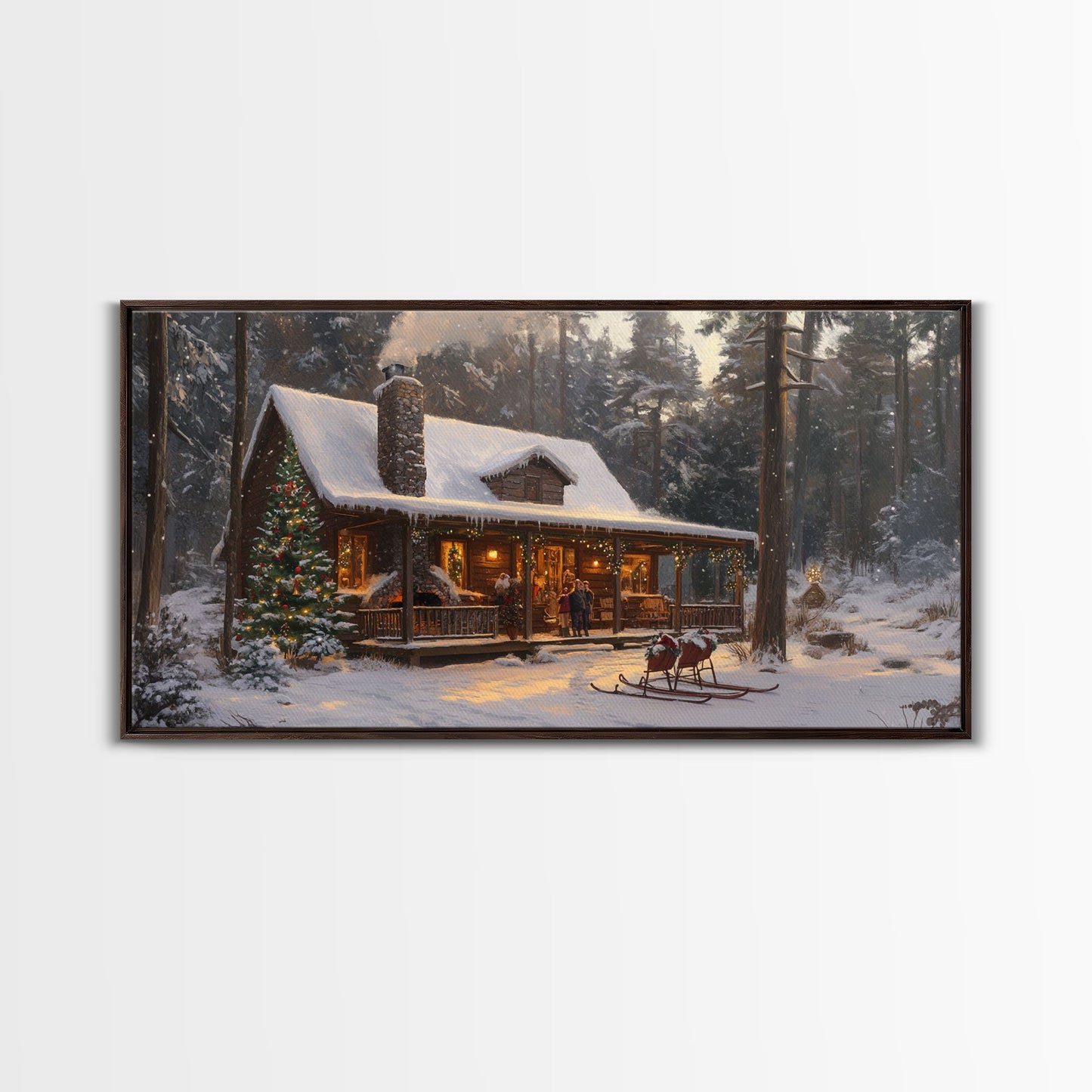 Cozy Christmas Cabin in Woods Framed Canvas Print - Rustic Christmas Decor and Winter Wonderland Scene with Holiday Wall Art