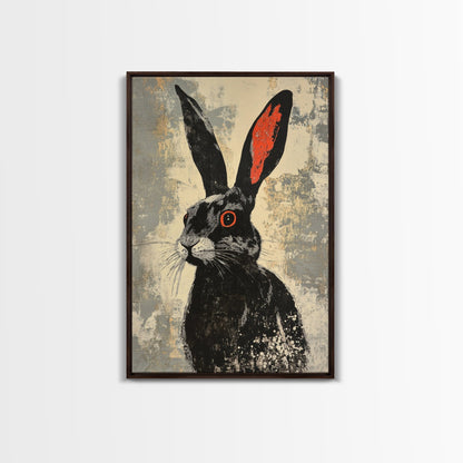 The Black Bunny, Framed Canvas Print Ready To Hang, Bunny Rabbit Art, Rabbit Painting, Minimalist Japanese Style Art