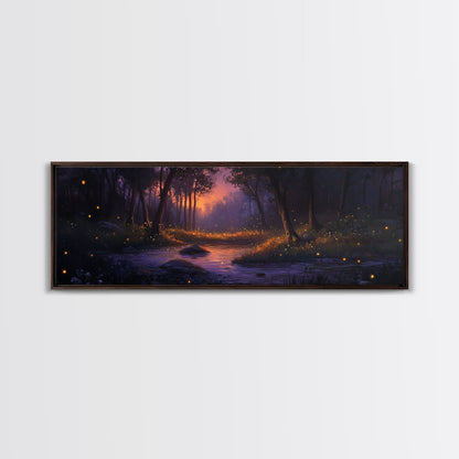 Panoramic Fantasy Forest Canvas Print, Fireflies Light Up The Night Sky in A Fantasy Forest,  Fantasy Painting