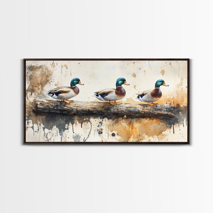 Rustic Duck Painting Canvas Print, 3 Ducks On A Log, Framed Canvas Nature Painting, Landscape Painting, Nature Art, Meadow Painting Cabin Art