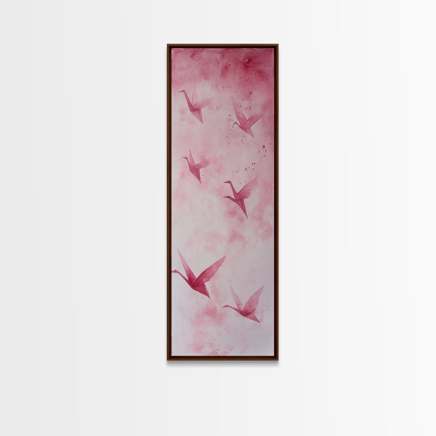 Crane Flight Canvas Print, ethereal origami bird painting in pink abstract hues, tall narrow wall art with zen minimalist aesthetic.