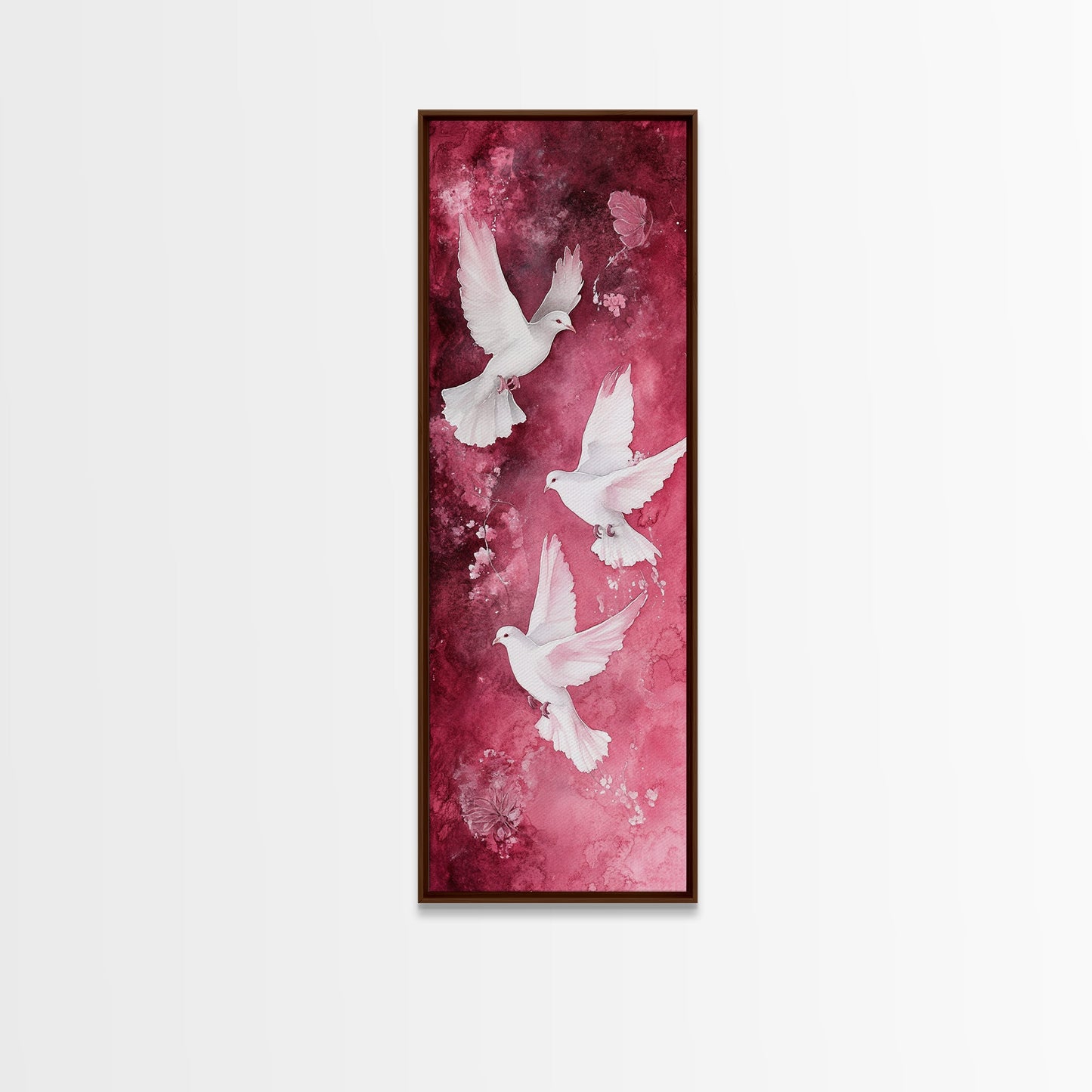 White Doves Canvas Print - Angel Art Prints on Burgundy Background, Symbolic Bird Art, Light Pink Abstract Vertical Wall Decor