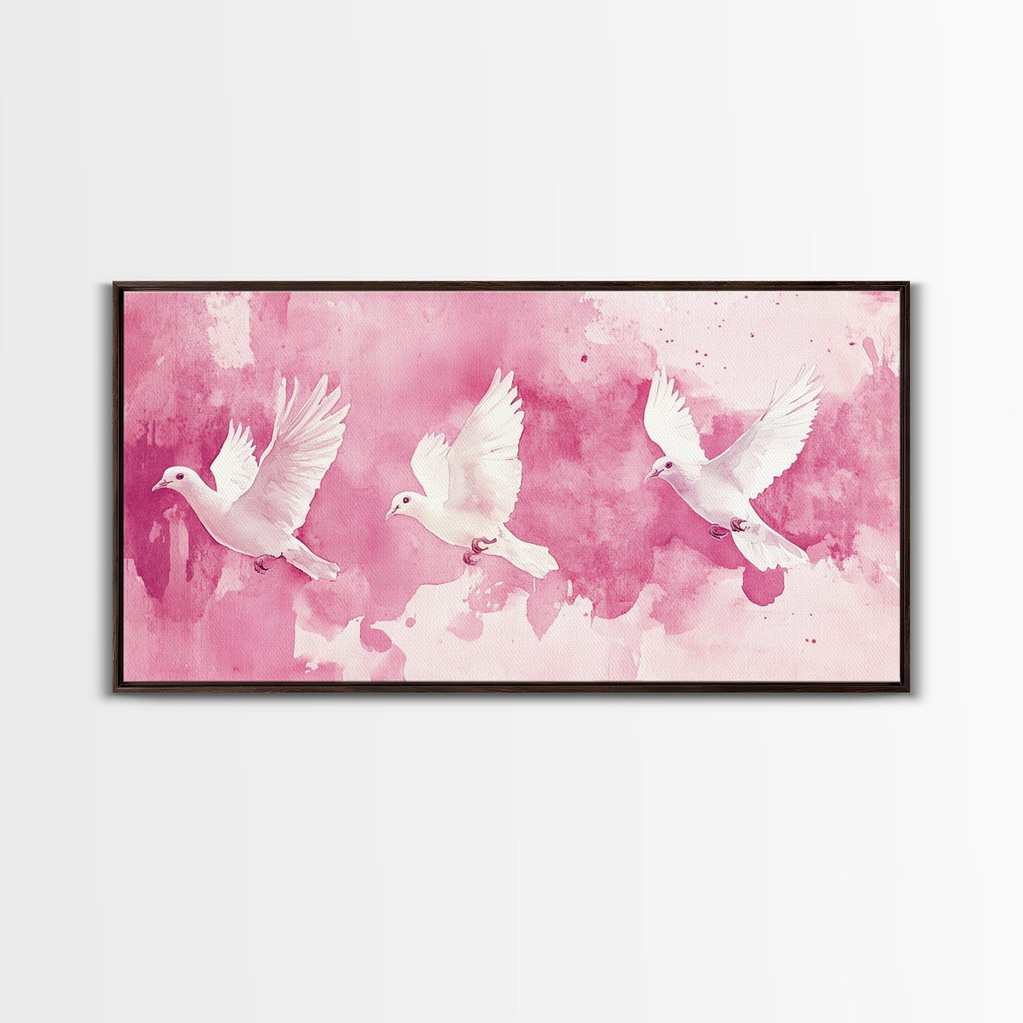 White Dove Flight Canvas Print | Angel Art Prints | Light Pink Wall Art | Minimalist Bird Art | Whimsical Living Room Decor Wall Art