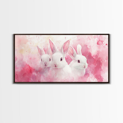 Three Bunnies Canvas Print, Adorable Pink Abstract Art Featuring Rabbits, Whimsical Nursery Wall Decor or Easter Themed Art