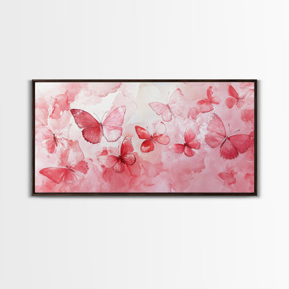 Pink Butterfly Collection Illustration in Whimsical Wall Art Style on Framed Canvas Print, Feminine Bedroom or Living Room Decor