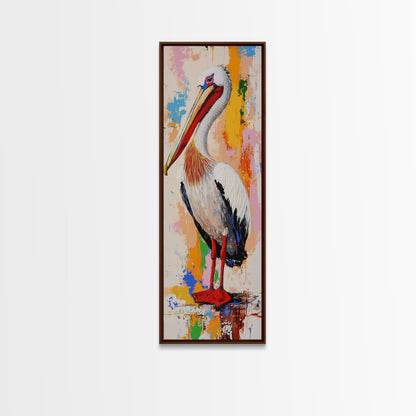 Colorful Pelican, bird art, framed canvas print, whimsical art, vibrant wall art, coastal decor, blue heron painting, rustic art