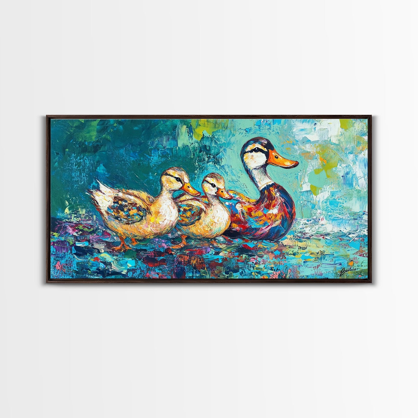 Duck Family, bird art, whimsical art, teal wall art, gift idea for her, landscape painting, extra wide art, Framed Canvas Print