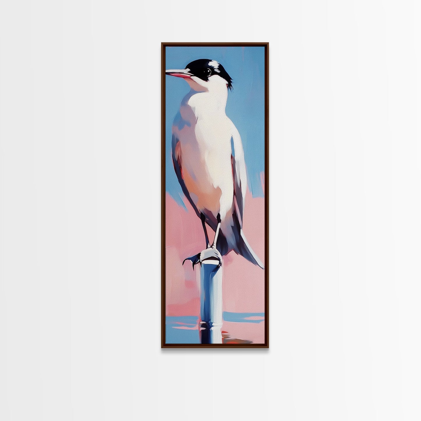 Seabird, Coastal Nature Art, Serene Beach Scene, Pastel Blue Pink, Minimalist Bird Painting, Nautical Wall Decor, Framed Canvas Print