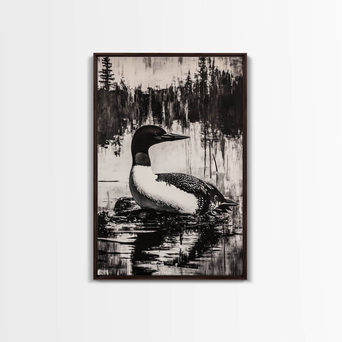 Loon, Lake Reflection, Nature Wall Art, Framed Canvas Print, Black and White Art, Minimalist Decor, Cabin Wall Art, Rustic Home