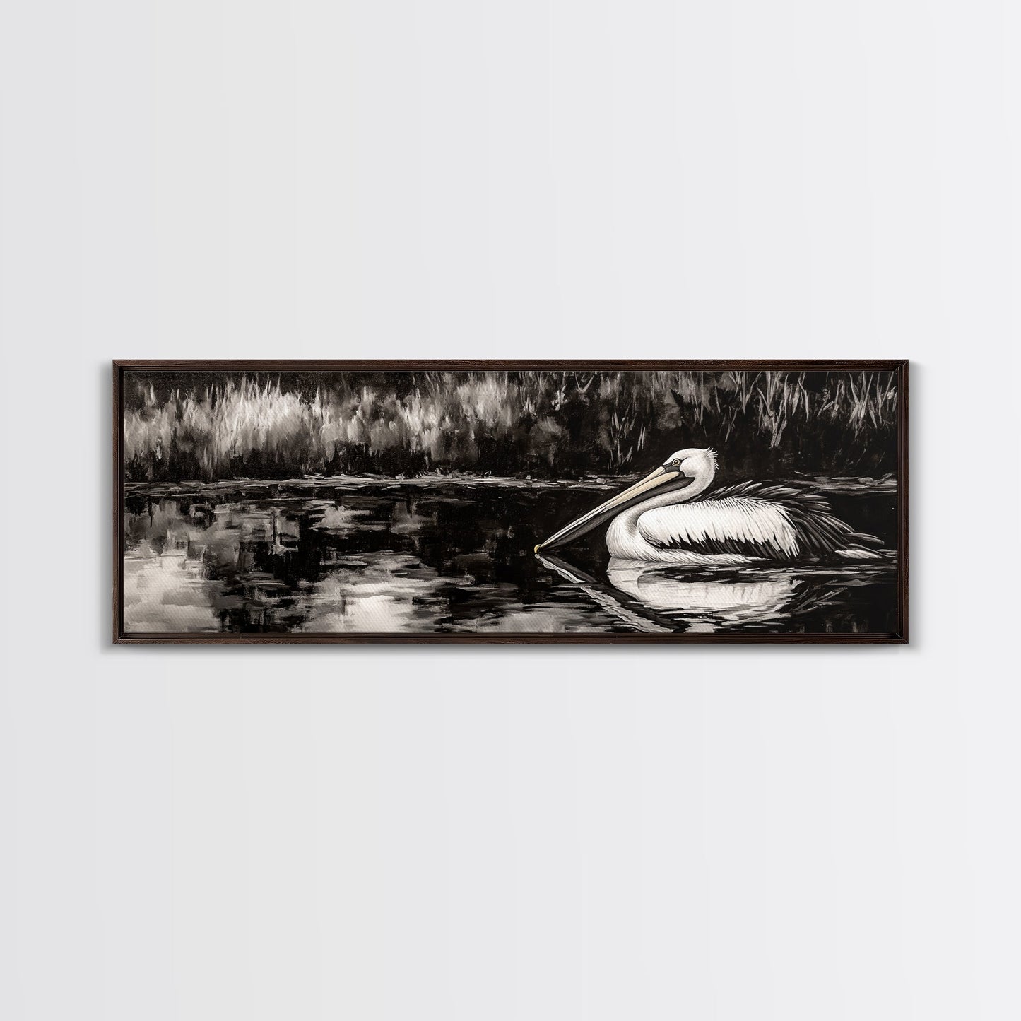 Pelican Reflection, Black White, Wildlife Art, Canvas Print, Nature Wall Art, Coastal Home Decor, Bird Lovers Gift, Monochrome Photography