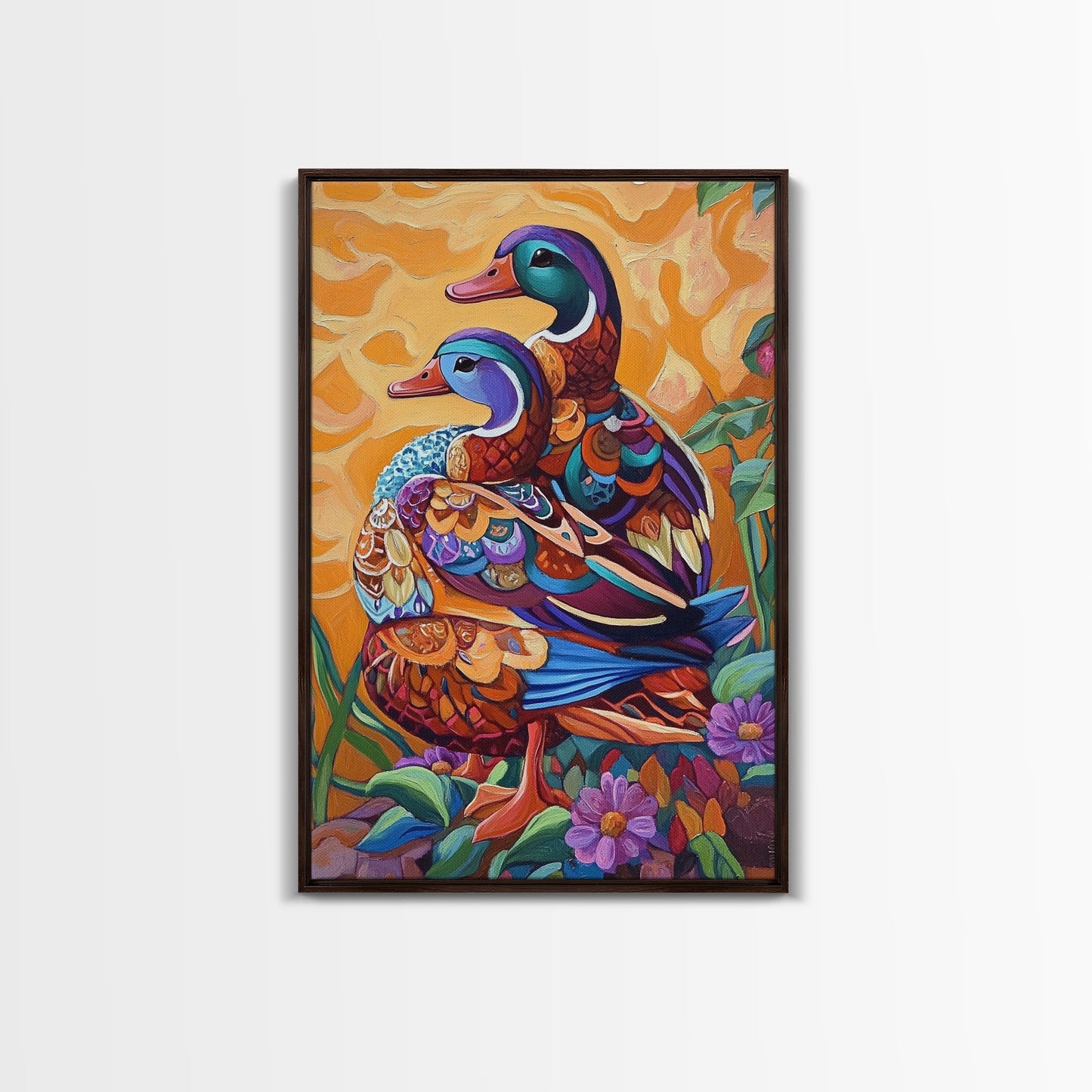 Ducks Colorful, Whimsical, Pair, Framed Canvas Print, Animal couple wall art, farmhouse nursery artwork, folk style bird painting
