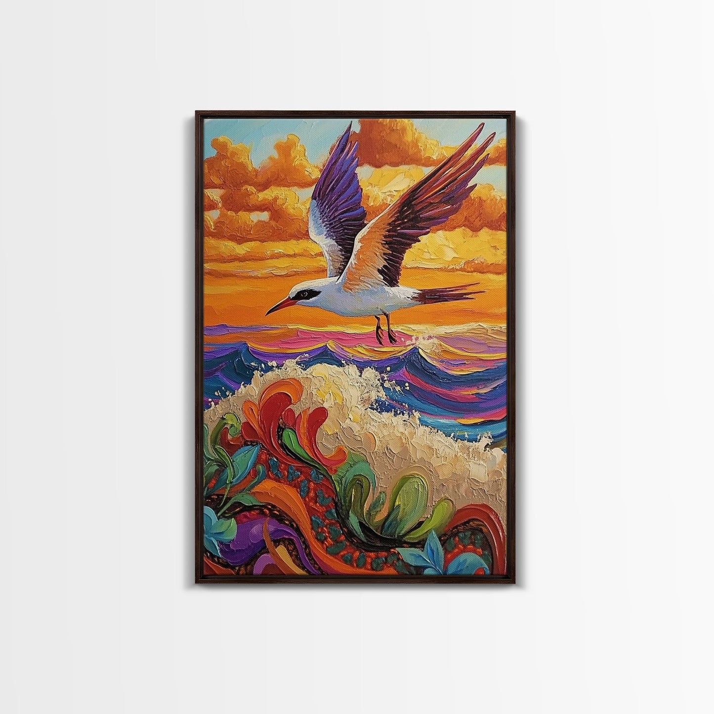 Flying Bird Sunset, Colorful Ocean Waves, Tropical Wildlife Art, Canvas Print, Boho Nature Decor, Fall Wall Accent, Vibrant Scene