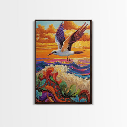 Flying Bird Sunset, Colorful Ocean Waves, Tropical Wildlife Art, Canvas Print, Boho Nature Decor, Fall Wall Accent, Vibrant Scene