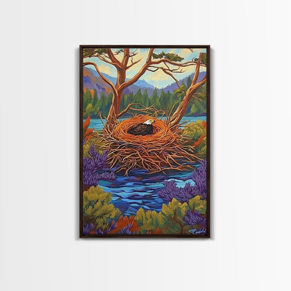Eagle Nest, Forest, Lake, Canvas Print, rustic wildlife art, bald eagle decor, nature lodge wall art, cozy cabin Living Room theme