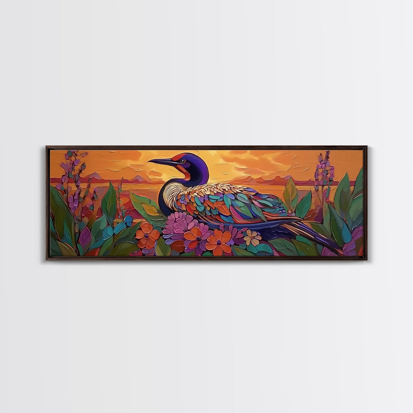 Sunset Bird, Floral Loon, Vibrant Nature, Colorful Wildlife, Canvas Print, cabin wall art, rustic boho art, birdwatcher gift