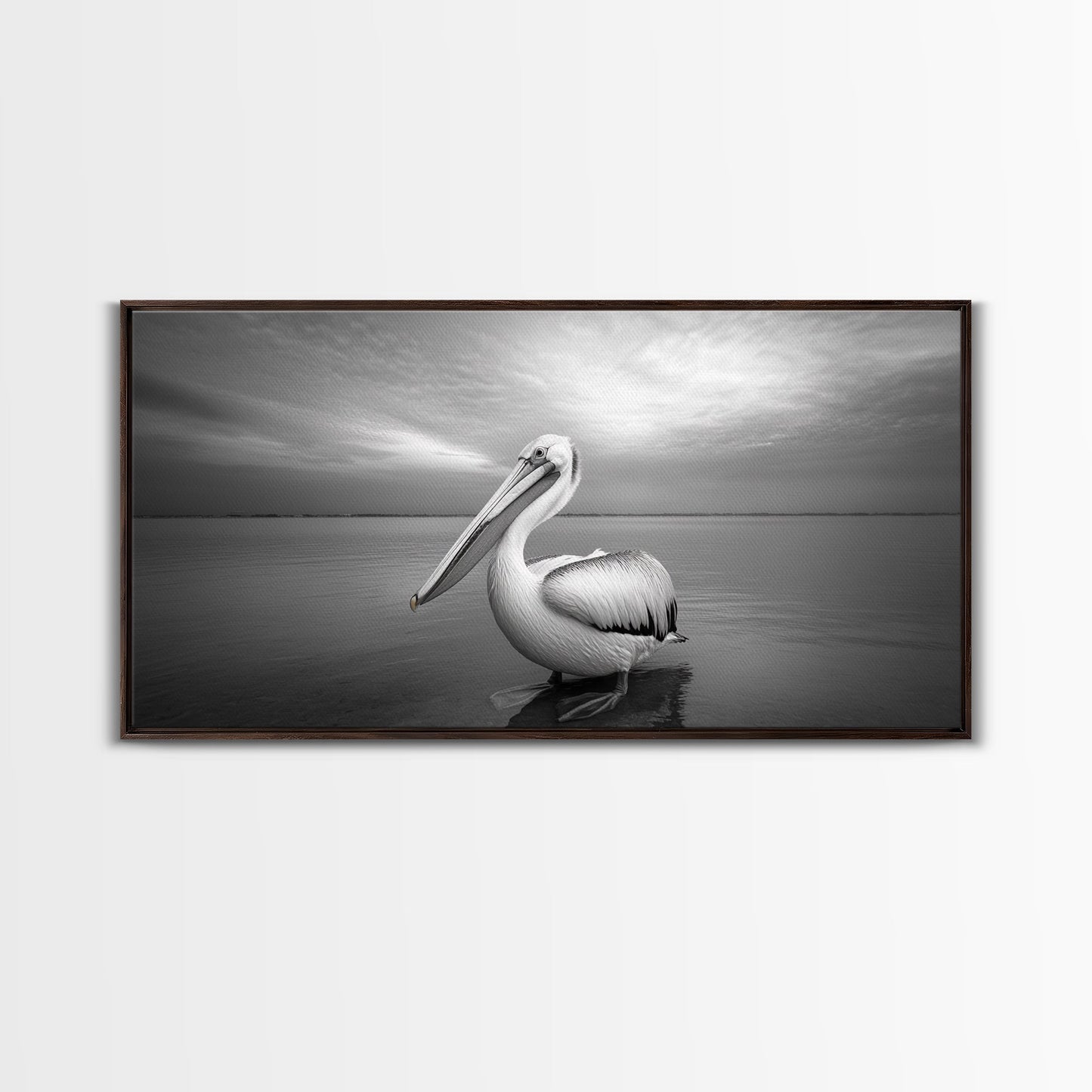 Ocean Pelican, Peaceful Bird Portrait, Coastal Wildlife Art, Framed Canvas Print, Minimalist Entryway or Beach House Wall Art