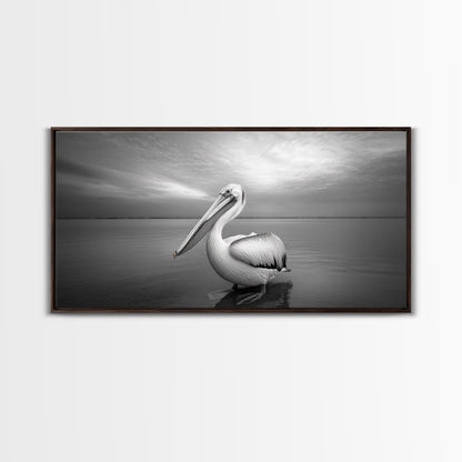 Ocean Pelican, Peaceful Bird Portrait, Coastal Wildlife Art, Framed Canvas Print, Minimalist Entryway or Beach House Wall Art