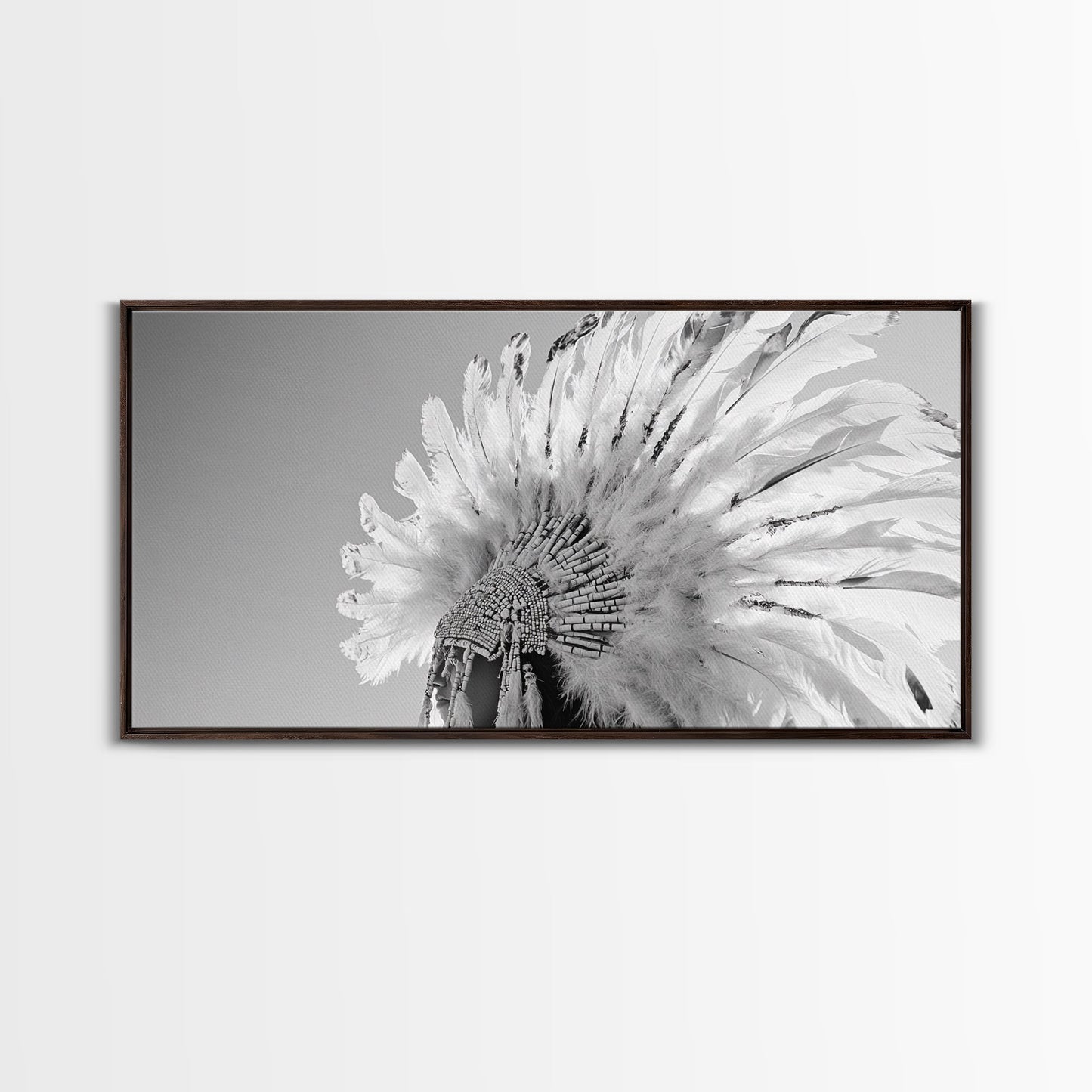 Native Headdress, Feather Crown, Cultural Tribute, Canvas Print, Boho Tribal Decor, Bedroom Wall Art, Monochrome Indigenous Style