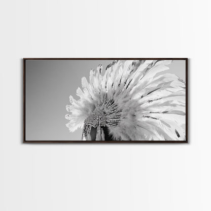 Native Headdress, Feather Crown, Cultural Tribute, Canvas Print, Boho Tribal Decor, Bedroom Wall Art, Monochrome Indigenous Style