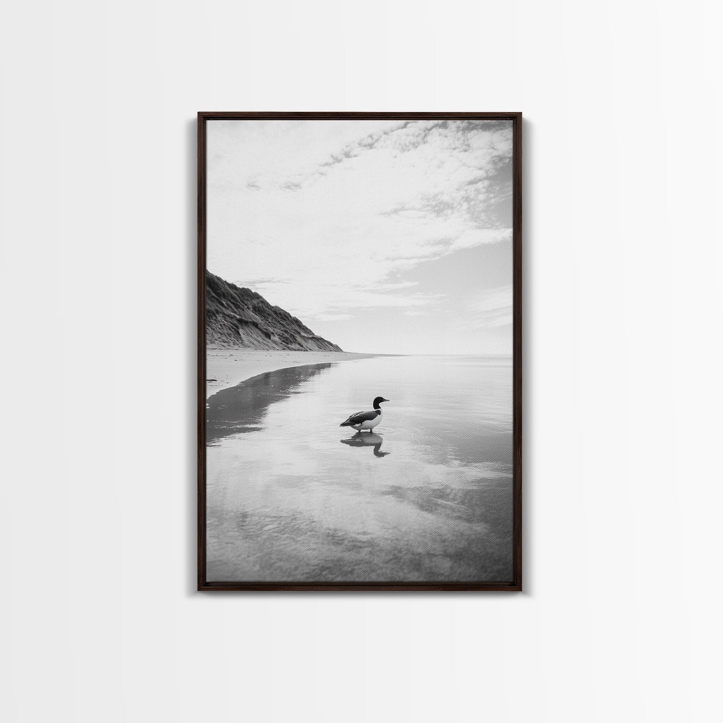 Lone Loon, Quiet Reflection, Coastal Bird, Framed Canvas Print, Nature Wall Art, Bathroom Decor, Serene Black and White Art