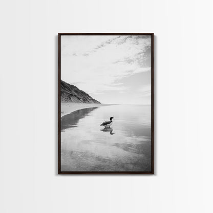 Lone Loon, Quiet Reflection, Coastal Bird, Framed Canvas Print, Nature Wall Art, Bathroom Decor, Serene Black and White Art