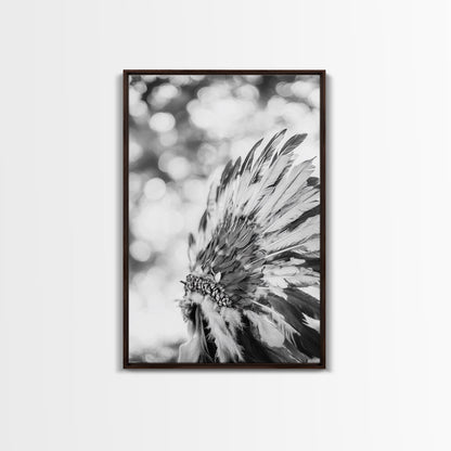 Feather Headdress, Native Style, Tribal Detail, Canvas Print, Boho Wall Decor, Cultural Art, Bedroom Accent, Earthy Minimalism