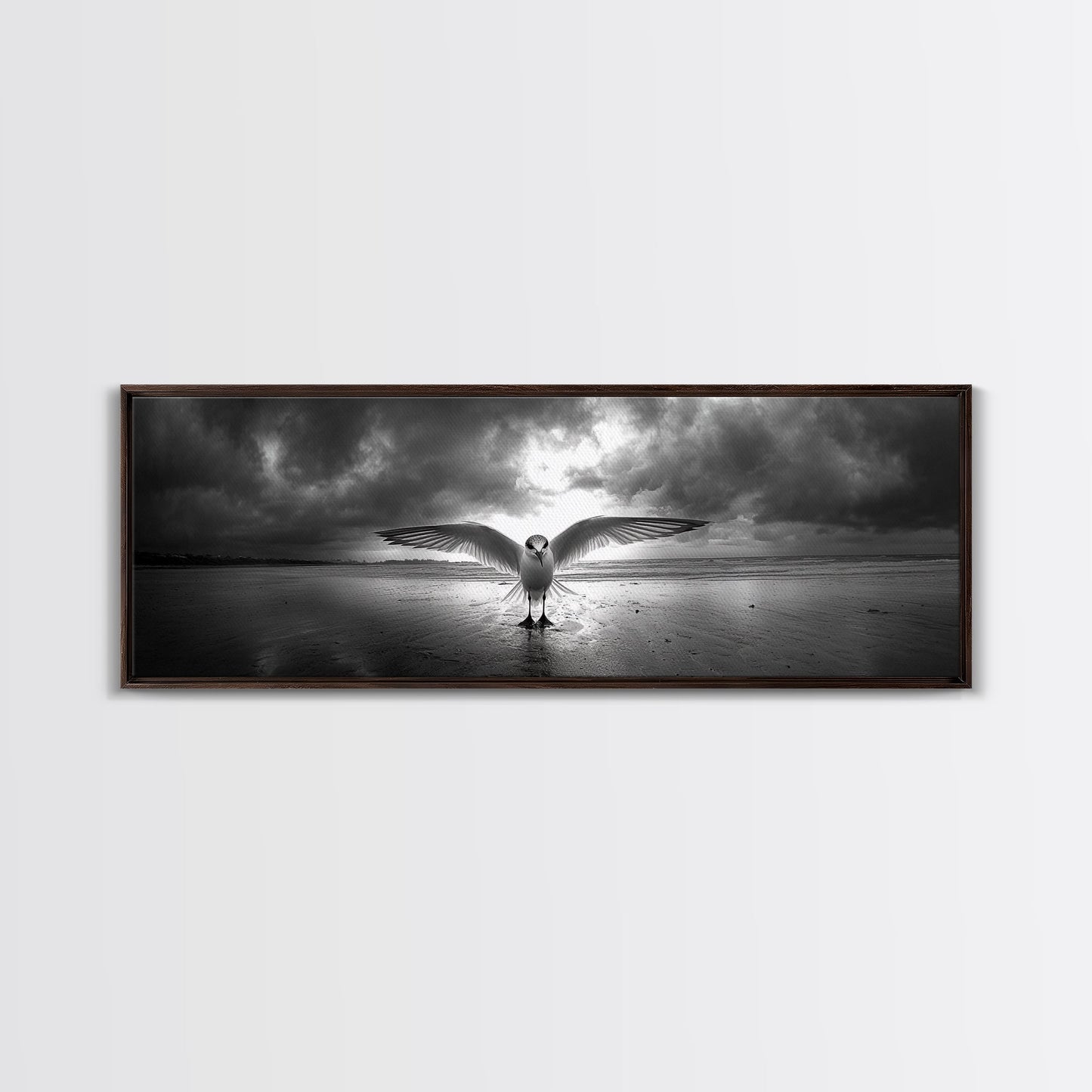 Winged Bird Beach, Coastal Sunrise, Dramatic Flight, Canvas Print, Beach House Decor, Living Room Wall Art, Nature Photography